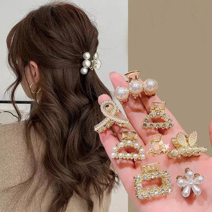 Small Rhinestone Pearls Geometric Metal Hair Claws for Women, Mini Hair Clips, Hairpins, Sweet Hair Accessories Set
