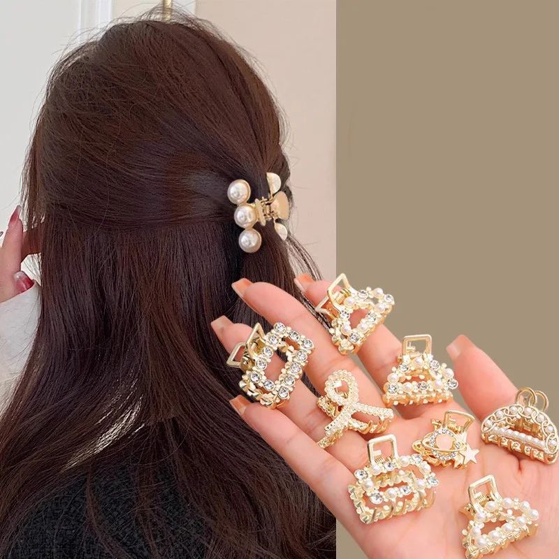 Small Rhinestone Pearls Geometric Metal Hair Claws for Women, Mini Hair Clips, Hairpins, Sweet Hair Accessories Set