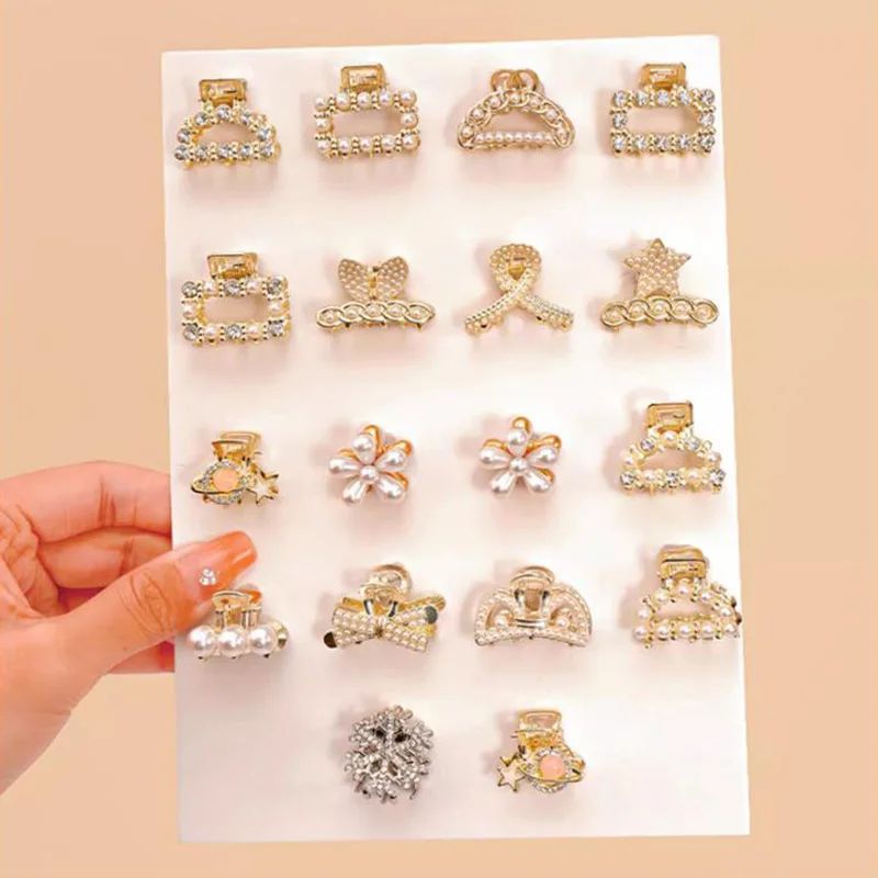 Small Rhinestone Pearls Geometric Metal Hair Claws for Women, Mini Hair Clips, Hairpins, Sweet Hair Accessories Set