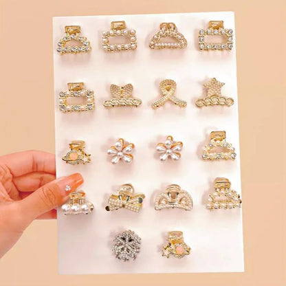 Small Rhinestone Pearls Geometric Metal Hair Claws for Women, Mini Hair Clips, Hairpins, Sweet Hair Accessories Set