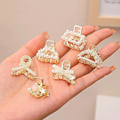 Small Rhinestone Pearls Geometric Metal Hair Claws for Women, Mini Hair Clips, Hairpins, Sweet Hair Accessories Set